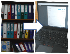 File folders, arrow, invoice on computer screen