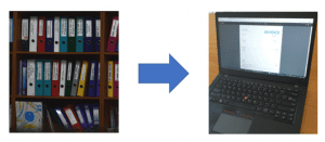 Files on a shelf, arrow, computer with invoice on screen
